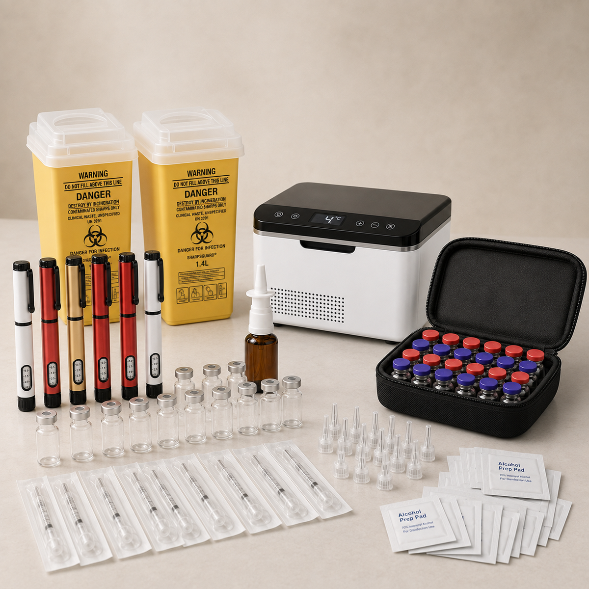 Big Bundle (5-Peptide Kit) - full contents: 5 pens, 2 sharps containers, cooled fridge, nasal spray, 30-vial storage case, syringes, needle tips, alcohol wipes