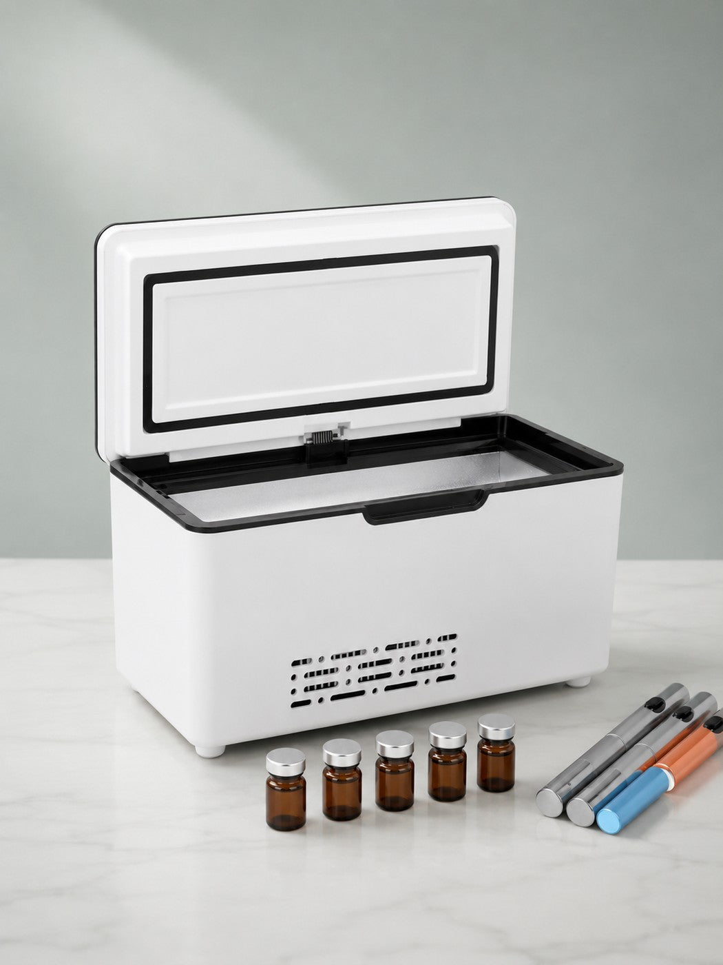 Mini refrigerated cooler open showing interior