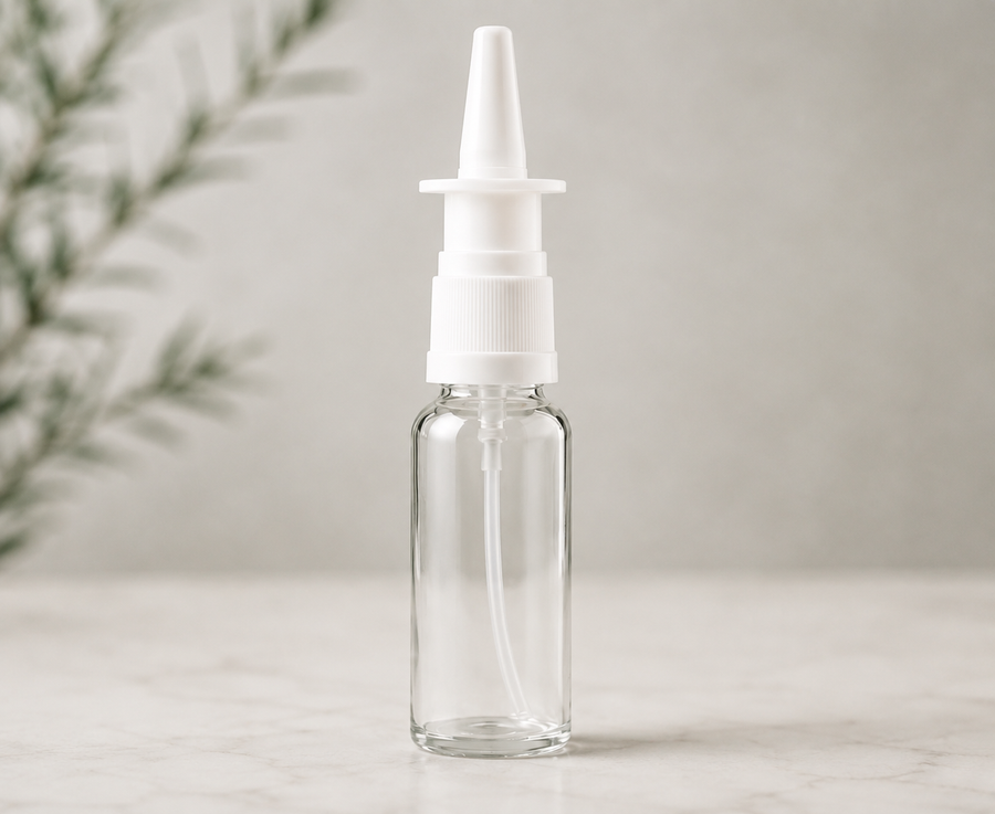 Reusable Peptide Nasal Spray Bottle - clear glass with white applicator