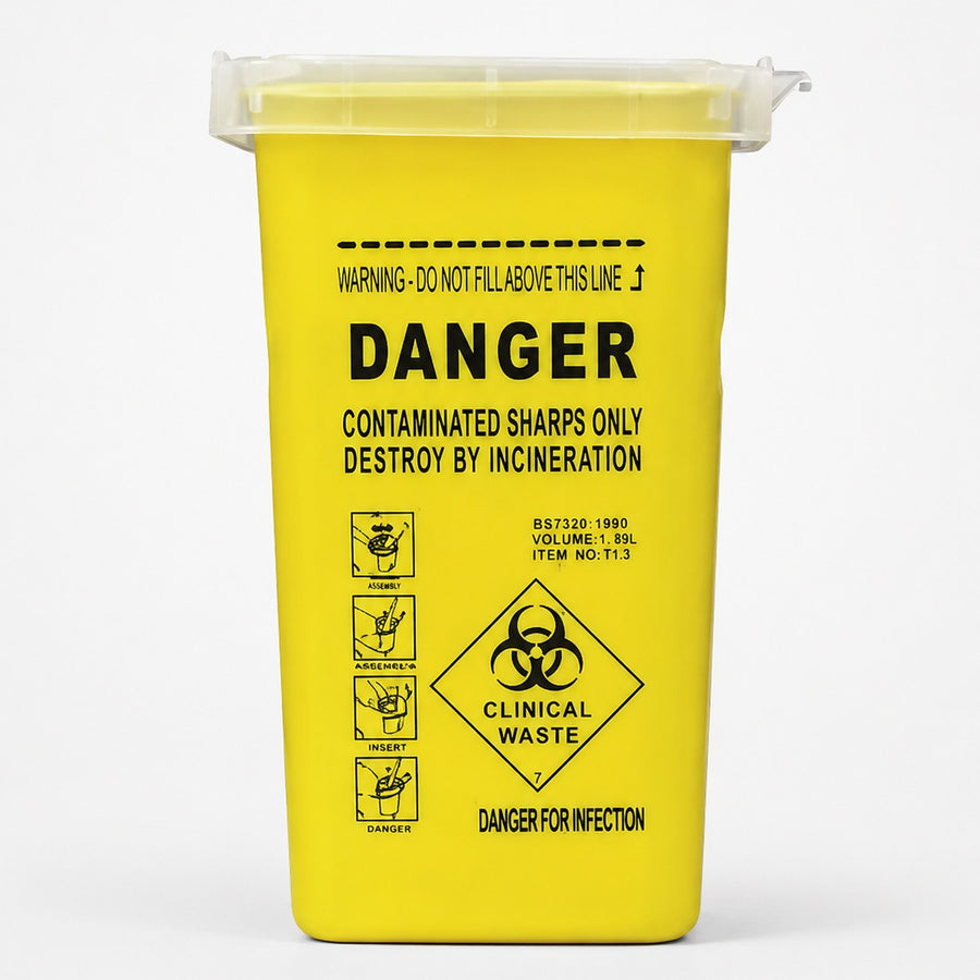 Sharps disposal container, front view showing biohazard warning label