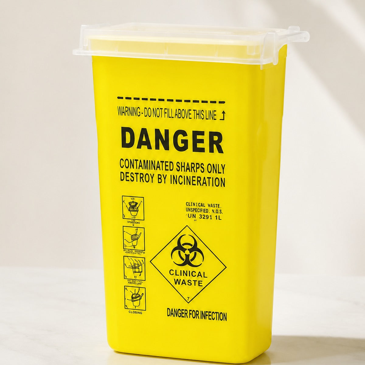 Sharps disposal container, angled view